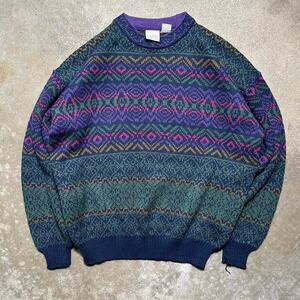 Vintage Mens Large Ash Creek Sweater Purple Green Blue Knit Acrylic Sweatshirt